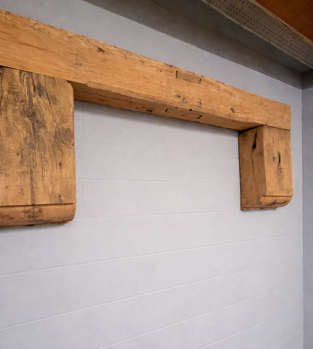 Rustic wooden mantel on grey wall1 | Timber Mantel